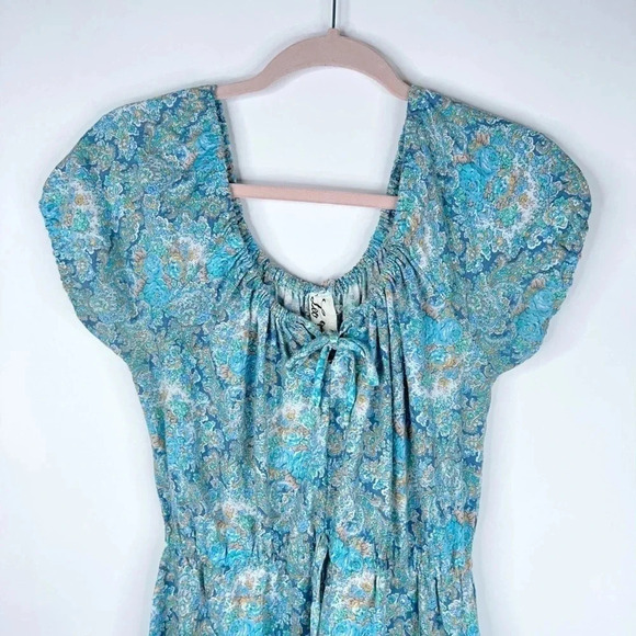 Vintage 70s Prairie Dress Paisley Blue White Tiered Floral Peasant Leo New York - Picture 2 of 11